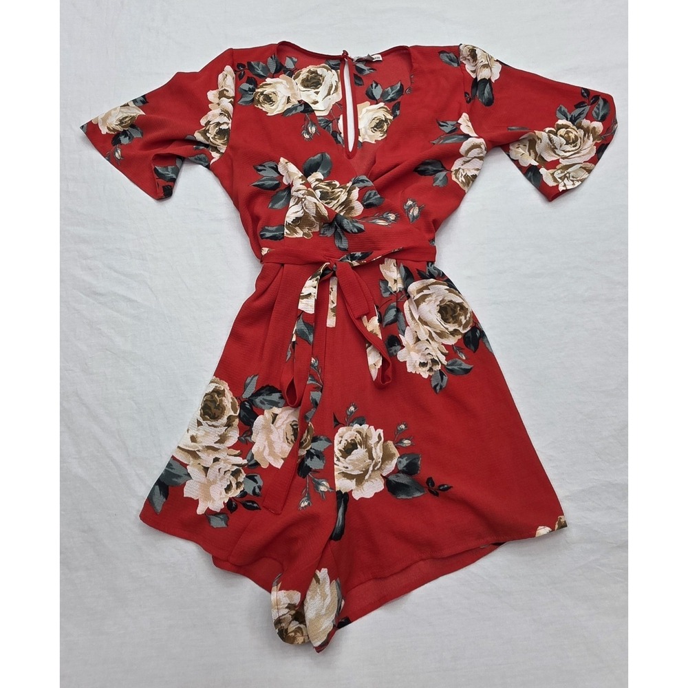 Charlotte Russe Red Floral Tie Waist Romper Women's Size Small